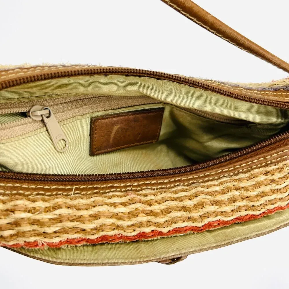 Vintage 80s Multicolor Woven Straw Genuine Leather Bow Crossbody Bag